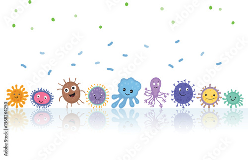 A colorful vector illustration of various cartoon-style gut bacteria on white background with smiling and playful expressions, representing a diverse microbiome in the intestine