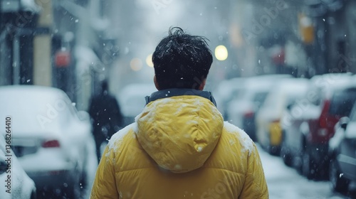 A person in a yellow jacket walks through a snowy street, surrounded by cars and softly falling snowflakes