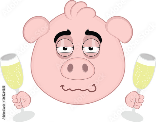 vector illustration emoji character face pig cartoon, drunk with glasses of champagne or cider in his hands