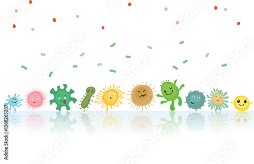 A vector illustration of cartoon-style gut bacteria on white background, representing a diverse microbiome in the intestine