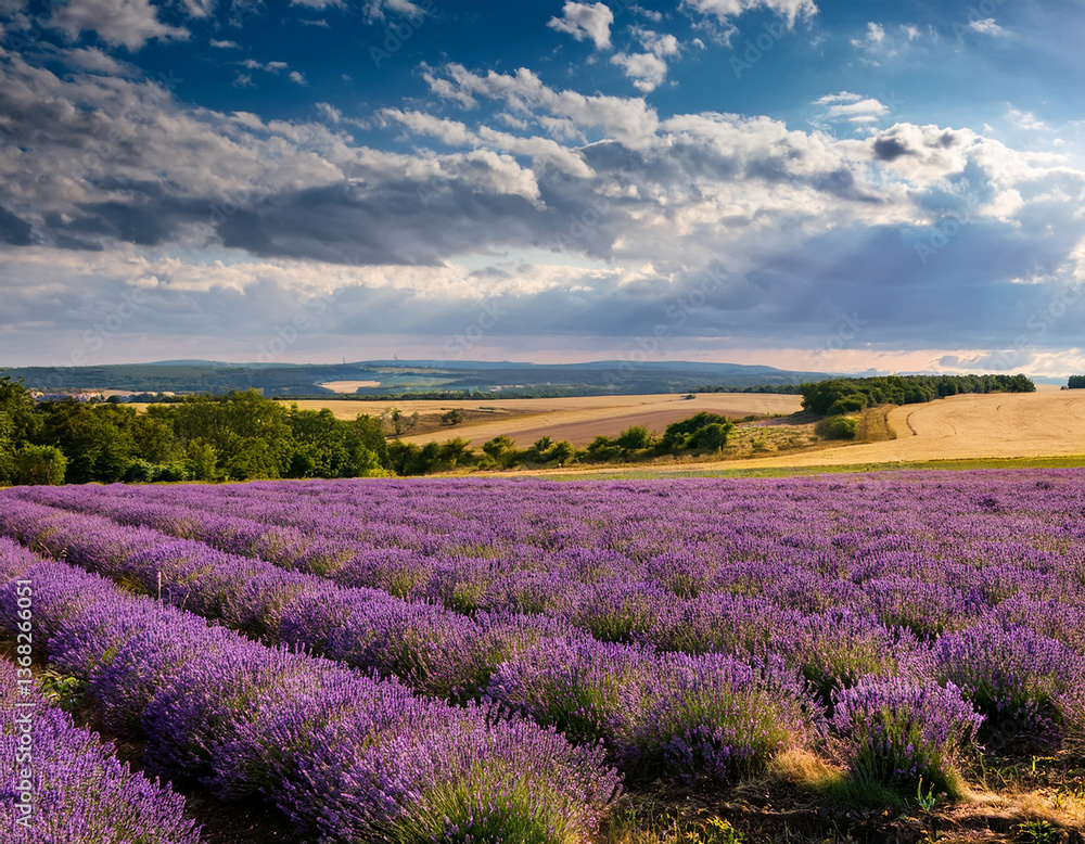 Obraz premium A scenic view of Czech lavender fields stretching into the distance under soft cloudy skies during summer.
