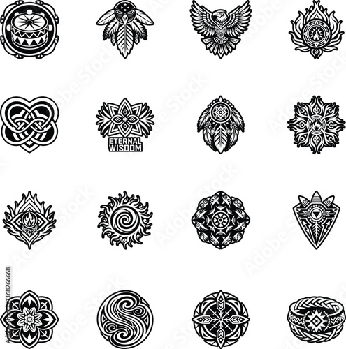 Set of Ancient Cherokee Glyph Style Icons 


