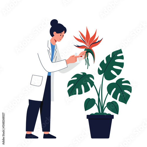 Botanist caring for vibrant plant in flat and minimal vector art