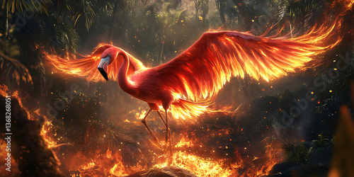 Flamingo with Phoenix-Like Fiery Wings Soaring Through the Sky Background for Mythical Art, Fiery Elegance, or Fantasy Power