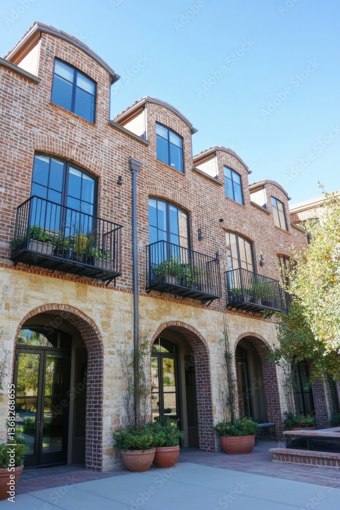 Fototapeta premium Contemporary brick townhouses featuring stylish balconies are nestled in a sunny neighborhood, surrounded by vibrant greenery and charming warm stone details