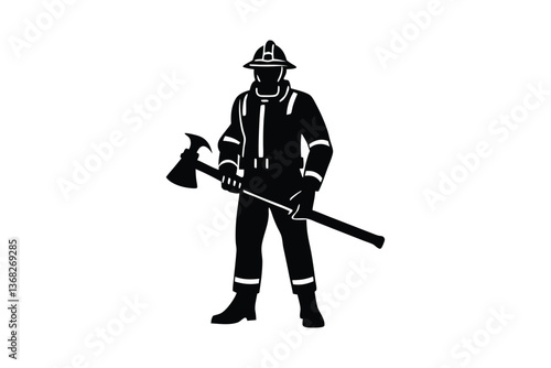 Silhouette vector art illustration of a firefighter standing with an axe.eps