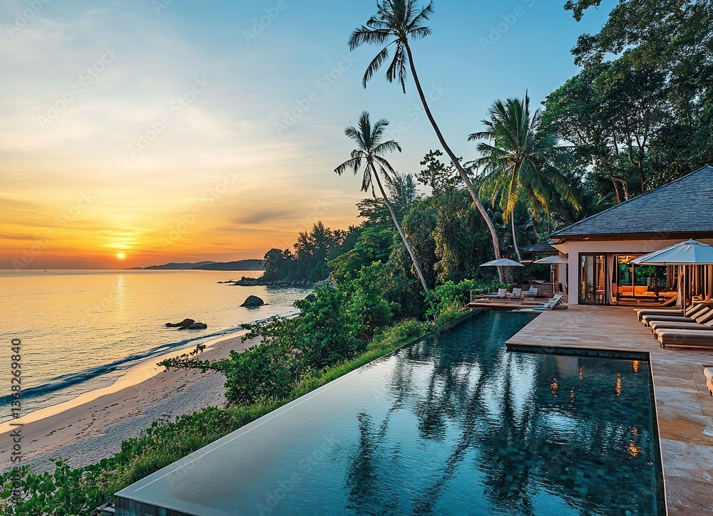Fototapeta premium Beautiful tropical beach with swimming pool and palm trees at sunset, luxury vacation background. Vintage tone effect. The photo was taken in the Maldives on an island resort. A large empty swimming.