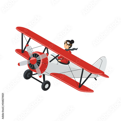 Woman flying a red biplane in minimal vector art style with clear details and dynamic motion vector illustration