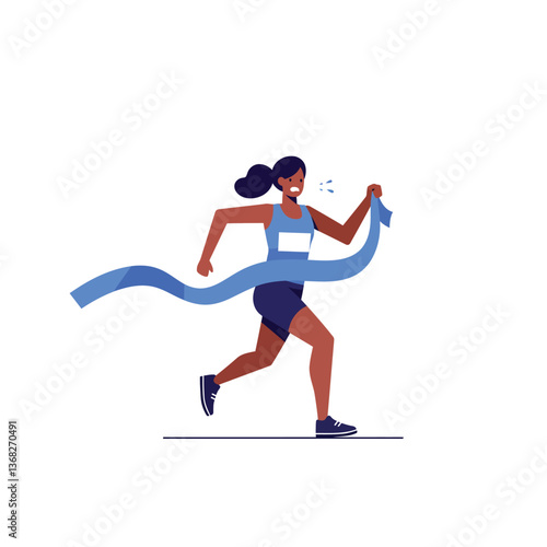 Runner crossing finish line with blue ribbon in flat vector art illustration