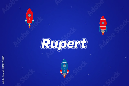Rupert male boy name illustration in blue with rockets. photo