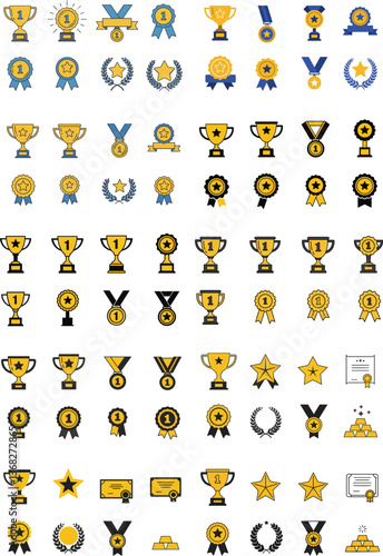 Premium award icons collection highlighting distinctive trophies, medals, ribbons designed for honoring excellence and top performers

