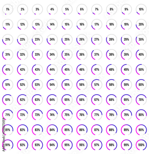 Set of circular sector percentage diagrams meters from 1 to 100 ready-to-use for web design, user interface ui. Set of circular sector percentage diagrams from 1 to 100. 
