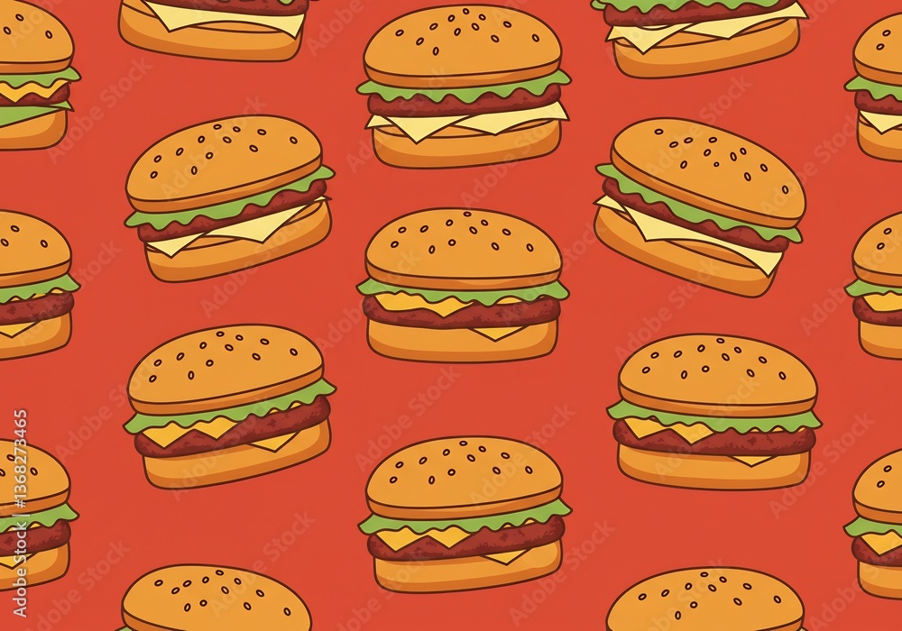 Delicious burger pattern vibrant red background. AI Generated Delicious burger pattern vibrant red background. AI Generated
