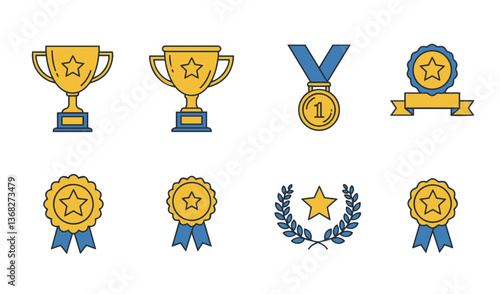 Premium award icons collection highlighting distinctive trophies, medals, ribbons designed for honoring excellence and top performers

