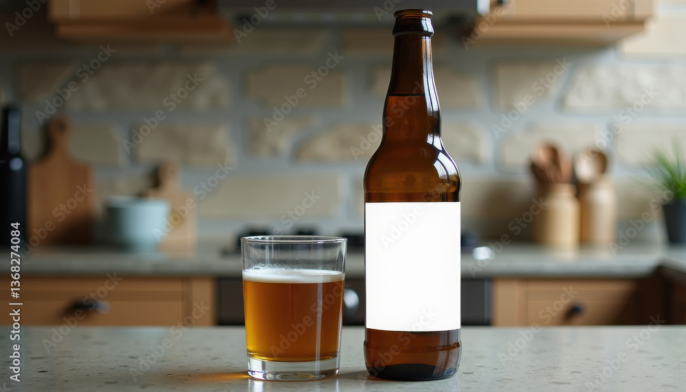 Beer bottle mockup. Beer bottle mockup with blank label in kitchen Beer bottle mockup. Beer bottle mockup with blank label in kitchen