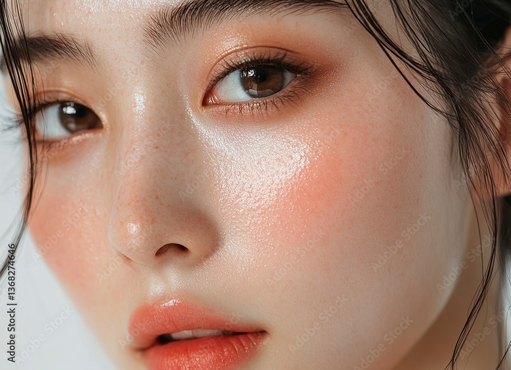Fototapeta premium Close-up beauty portrait of a young Asian woman with perfect skin and healthy facial features, isolated on a white background. Asian girl model, close-up face, natural makeup, eye shadow, and blush.