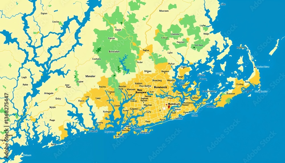 Obraz premium Detailed Geographic Map Showing Coastal Region with Rivers and Terrain