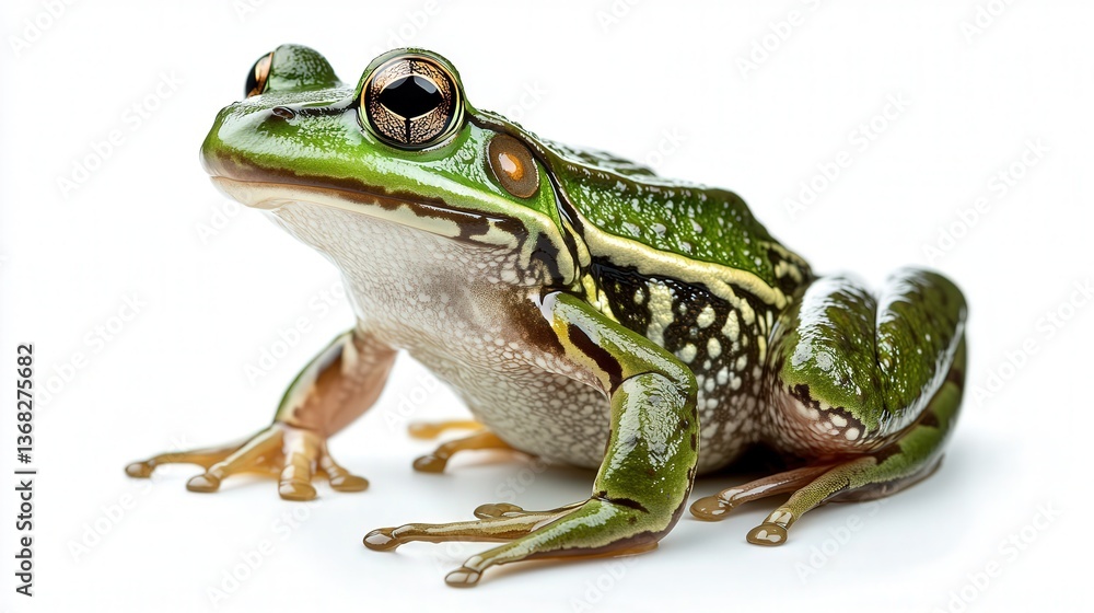 Obraz premium Close-up of a green tree frog with striking patterns on a white background.