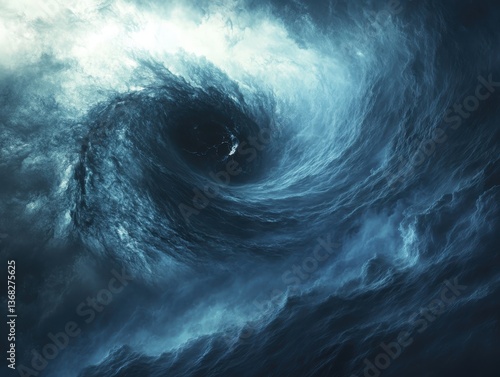 A massive hurricane with a well-defined eye at the center, surrounded by swirling clouds and stormy skies.