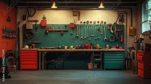 A well-organized workshop with tools neatly arranged on the wall, showcasing a vibrant workspace for DIY projects