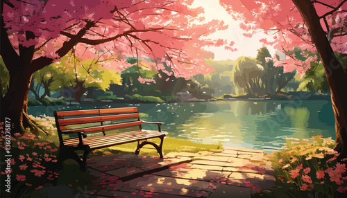 Idyllic cherry blossom garden with a bench by the water, perfect for relaxation. Romantic park setting with blooming cherry trees and a peaceful lake view. Charming cherry blossom scene