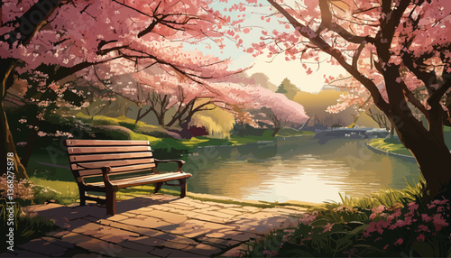 Peaceful spring park with a bench under pink cherry blossoms and a serene water view. Serene cherry blossom park with a tranquil bench and calm waters in the background. Springtime beauty