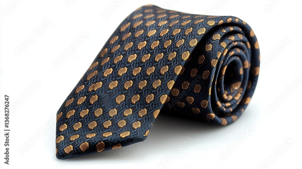 Elegant silk tie featuring a pattern of golden circles on a dark background. Elegant silk tie featuring a pattern of golden circles on a dark background.
