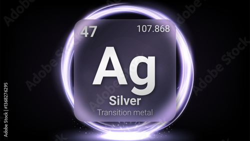 Silver (Ag) (047) Transition Metal, Glass Morphism Element Futuristic Neon Light Glow Background Periodic Table, Chemical Symbol, Name, Atomic Mass, Atomic Number, Vector Illustration