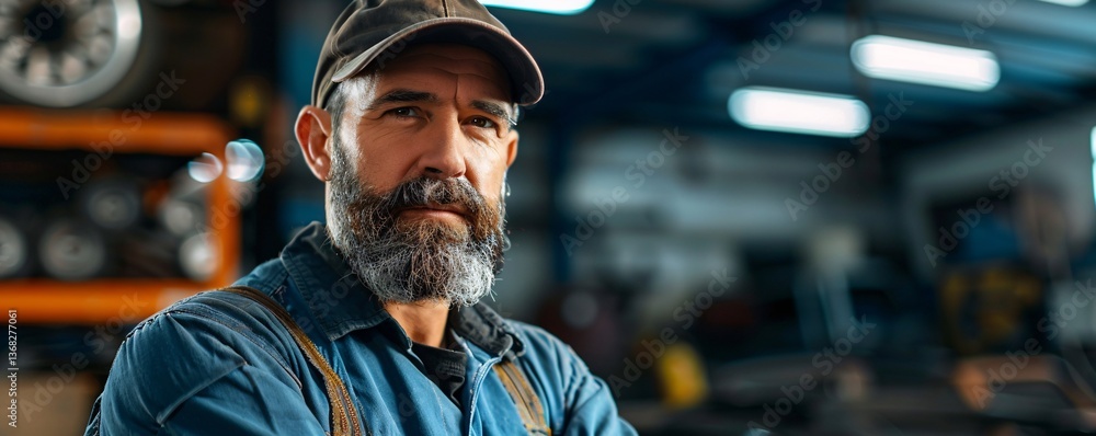 Fototapeta premium Portrait of a senior mechanic exuding confidence in his workshop