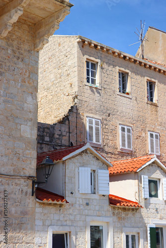 Traditional Mediterranean architectural details in Trogir, Croatia.