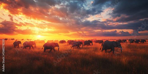 Wallpaper Mural Herd of Elephants Crossing a Savanna Grassland Background for African Wildlife, Majestic Creatures, or Nature Giants Torontodigital.ca