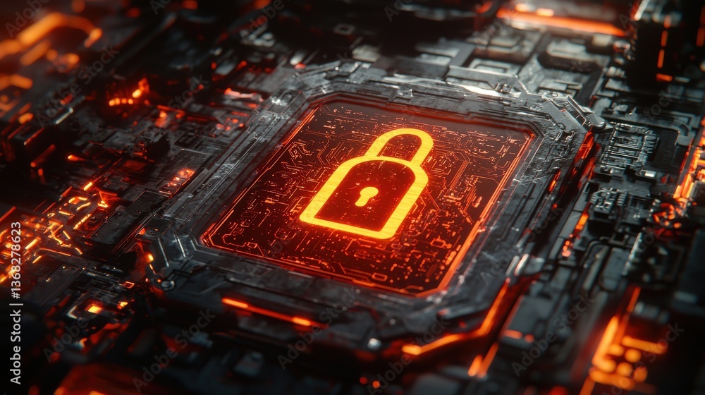 Futuristic Digital Lock Icon Representing Security and Protection on Electronic Circuit Board in Fiery Colors Futuristic Digital Lock Icon Representing Security and Protection on Electronic Circuit Board in Fiery Colors