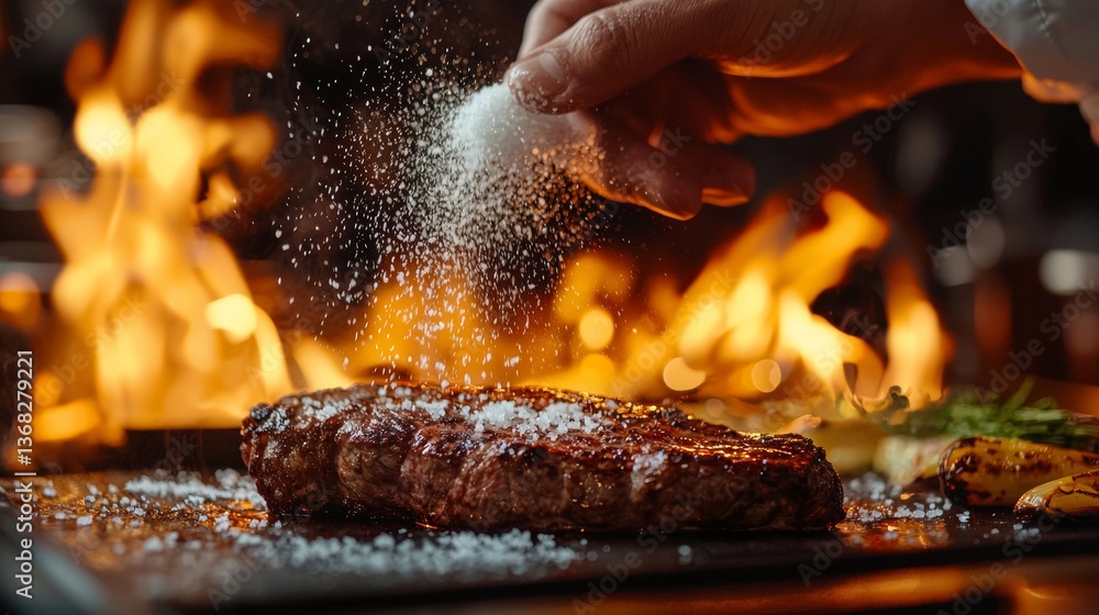 Naklejka premium close-up seasoning meat cooking