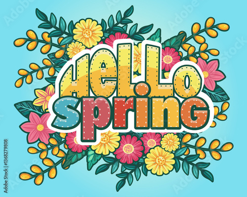 text hello spring with images of flowers and plants