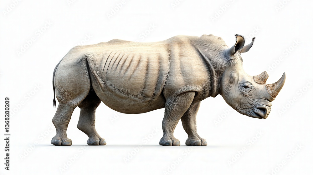 Fototapeta premium Side profile of a majestic rhinoceros isolated against a white background.