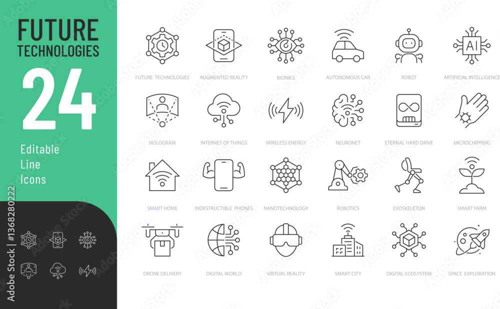 Future Technology Line Editable Icons set. Vector illustration in modern thin line style of innovations related icons: robotics, artificial intelligence, bionics, and more. Isolated on transparent bac