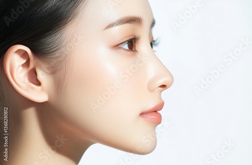 Close-up of a beautiful Asian woman with clear skin, against a white background, in profile. The image showcases the skin texture, with minimal makeup, in a minimalistic style. The lighting is soft,