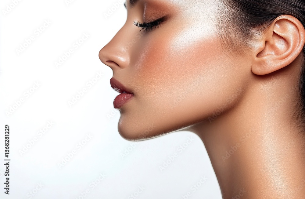 Close-up of a beautiful Asian woman with clear skin, against a white background, in profile. The image showcases the skin texture, with minimal makeup, in a minimalistic style. The lighting is soft, Close-up of a beautiful Asian woman with clear skin, against a white background, in profile. The image showcases the skin texture, with minimal makeup, in a minimalistic style. The lighting is soft,