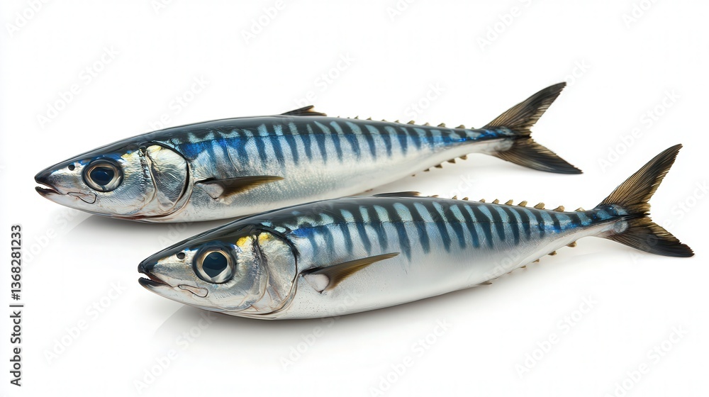 Two fresh mackerel fish with shiny scales on a white background. Two fresh mackerel fish with shiny scales on a white background.