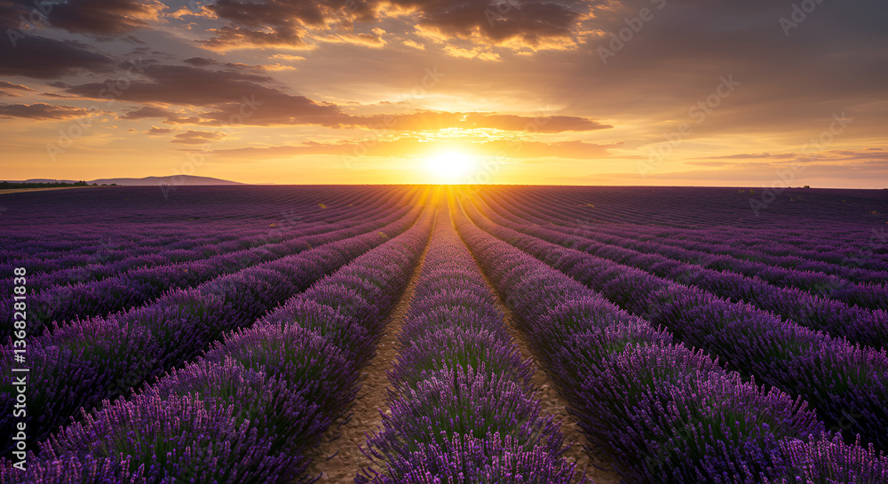 High-Resolution Endless Lavender Fields Under a Golden Sunset High-Resolution Endless Lavender Fields Under a Golden Sunset