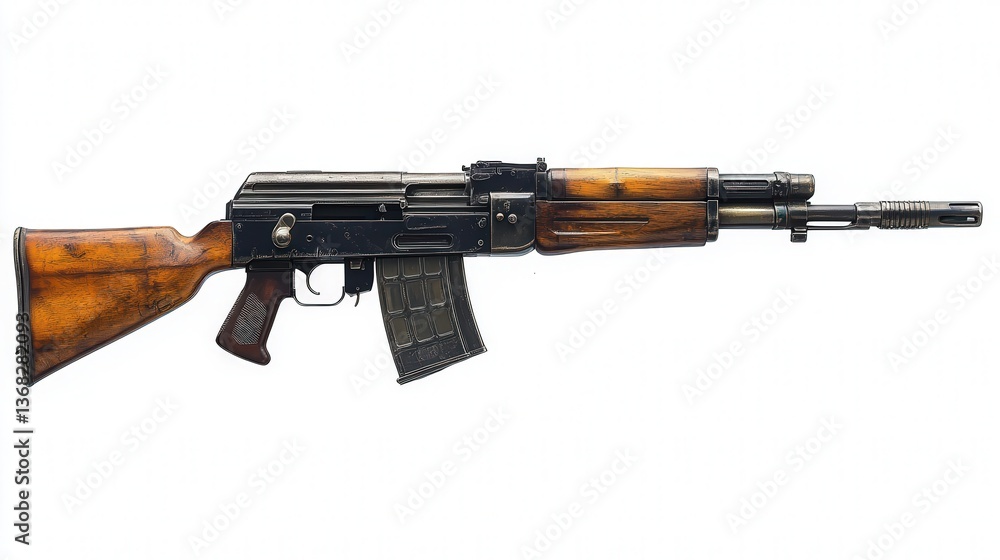 Classic assault rifle with wooden accents and a steel body, showcasing a blend of vintage design and functionality. Classic assault rifle with wooden accents and a steel body, showcasing a blend of vintage design and functionality.
