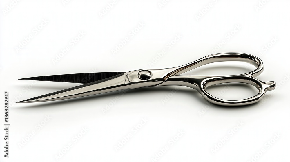 Sleek metallic scissors with sharp blades on a plain white background. Sleek metallic scissors with sharp blades on a plain white background.
