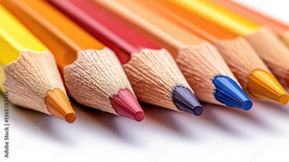 Obraz premium Close-up of sharpened colored pencils arranged in gradient, displaying vibrant hues.