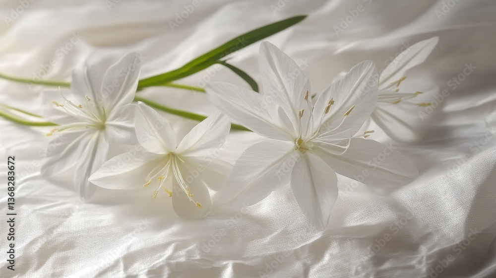 Obraz premium Soft White Flowers Arranged on Silky Fabric with Gentle Light, Perfect for Nature and Floral Themes in Photography and Art Projects