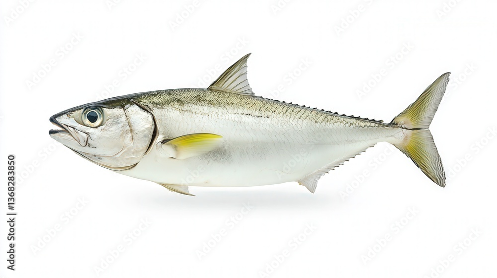 Fototapeta premium A vibrant fish with a streamlined body profile set against a plain white background.