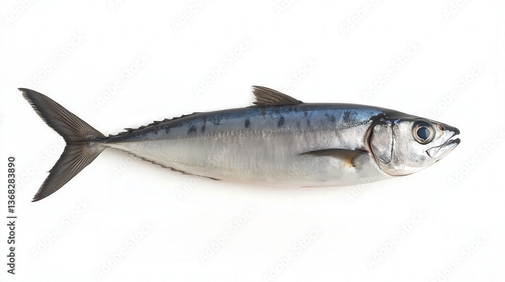 A fresh mackerel fish displayed on a white background. A fresh mackerel fish displayed on a white background.