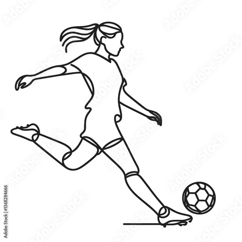 Female soccer player kicking a ball in line drawing style  