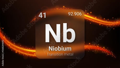 Niobium (Nb) (041) Transition Metal, Glass Morphism Element Futuristic Neon Light Glow Background Periodic Table, Chemical Symbol, Name, Atomic Mass, Atomic Number, Vector Illustration