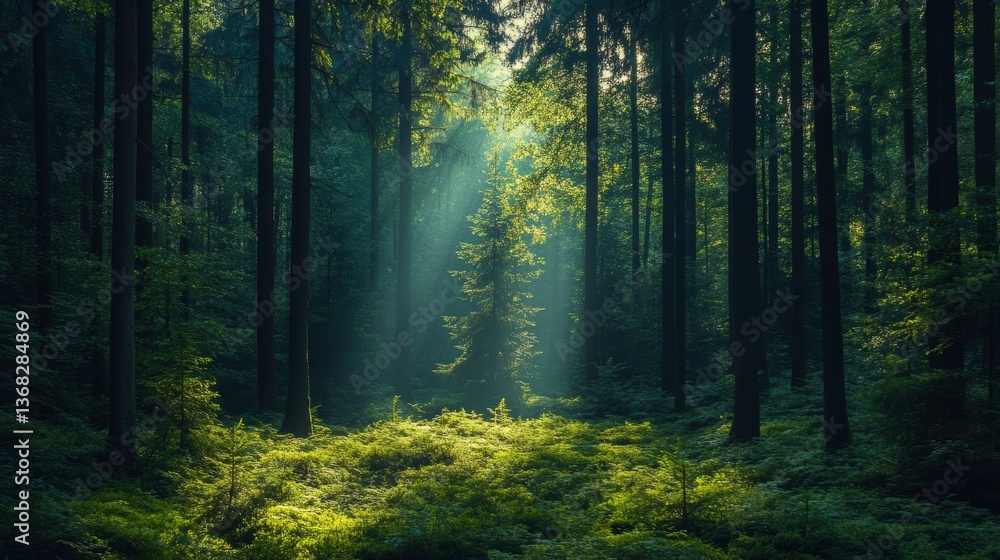 Obraz premium Enchanted Forest: Sunbeams Dance Through Ancient Trees
