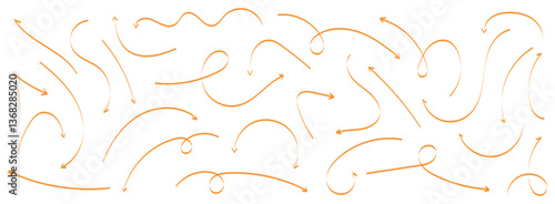 Hand drawn freehand different orange curved lines, swirls arrows. Doodle marker drawing, orange chalk smears. Direction pointers. 